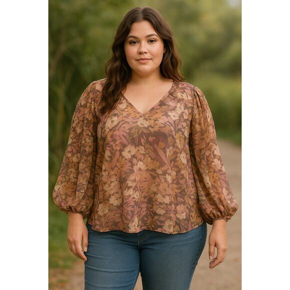 Adrienne Floral Chiffon Blouse Women M Sheer V-Neck Balloon Sleeve Romantic Boho - Picture 1 of 6